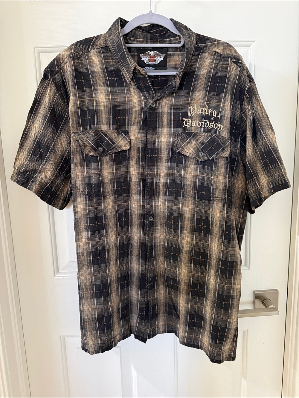 Harley-Davidson Linen Black & Tan Plaid Short-Sleeve Button-Down Shirt.